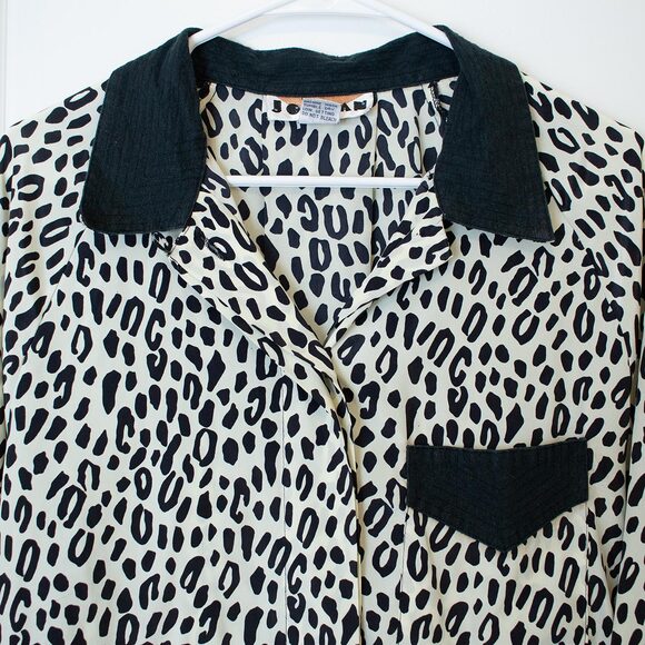 Colorblock Leopard Shirt Denim Collar Retro Black White Button 13/14 Dark Winter - Picture 3 of 11